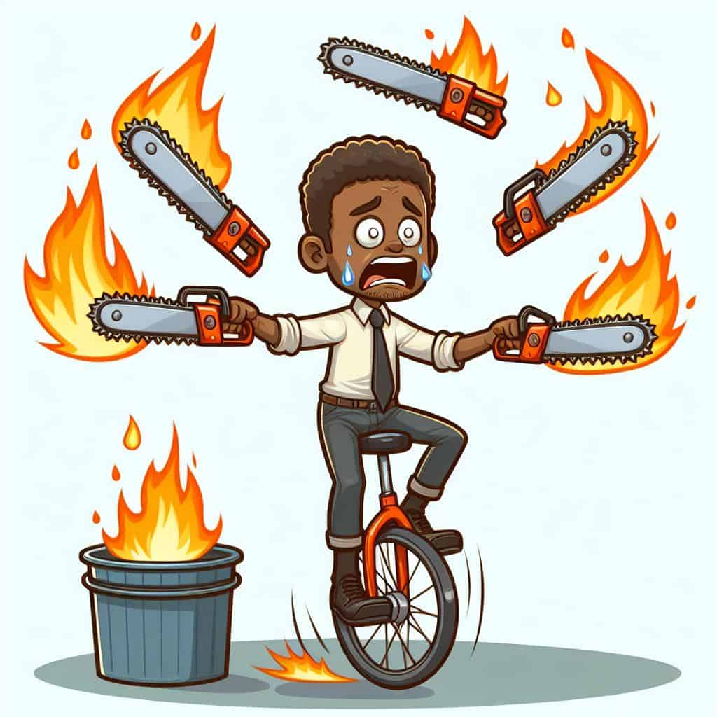Professional on a unicycle juggling flaming chainsaws